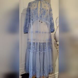 Free People Sheer Mesh Net Appliqued Embroidered BABY BLUE Long Midi Dress M Med